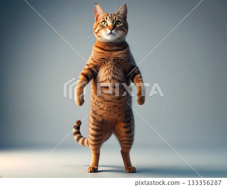 肌肉貓：一隻棕色虎斑貓用兩條腿站立 133356287