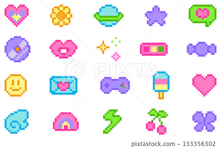 8-bit pixel art cute y2k icon set 8-bit pixel art cute y2k icon set 133356302