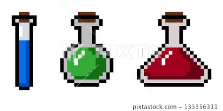 8-bit pixel art test tubes with liquid inside icon, simple style 133356311