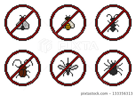 8-bit pixel art set of bug prohibition signs 8-bit pixel art set of bug prohibition signs 133356313