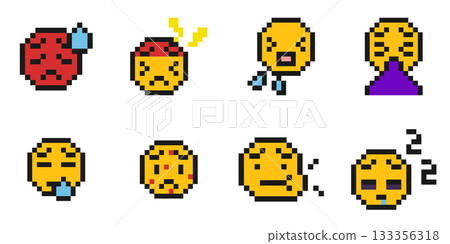 8-bit pixel art various illness face icon set 133356318