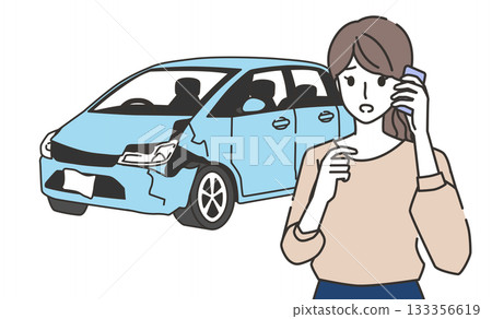 Illustration of a woman calling for advice about a car breakdown or accident 133356619