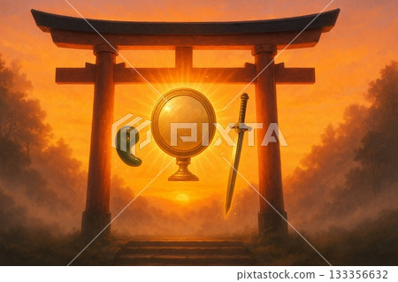 日出時的鳥居與三寶 133356632