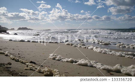 The Sasagawa Nagare Sea and the ripples of waves washing up on the sandy beach The Sasagawa Nagare Sea and the ripples of waves washing up on the sandy beach 133356720