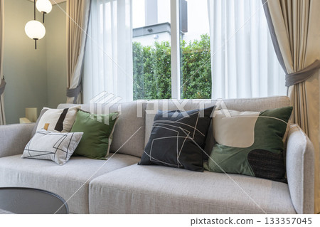 Stylish composition of black and green pillow on living room grey sofa. Modern home decor.  133357045