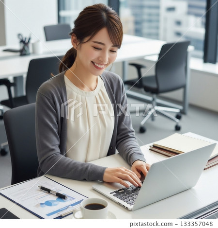 A young Japanese female employee working in the office 133357048