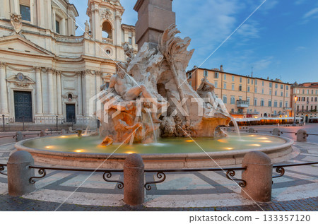 Fountain of the Four Rivers at dawn in Rome, Italy 133357120