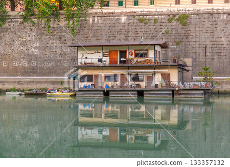 Houseboat on the Tiber River in Rome, Italy 133357132