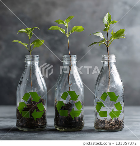 Plants grown in recycled glass bottles and a sustainable lifestyle 133357372