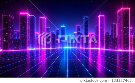 一座閃耀著粉紅色和藍色光芒的未來之城 133357463