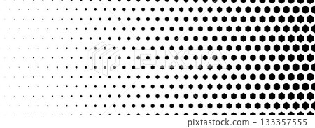 Fading hexagon gradient texture. Vanishing honeycomb pattern background. Geo hexagonal halftone tech overlay backdrop. Black grunge halfton wallpaper. Vector retro technology dot texure wallpaper 133357555
