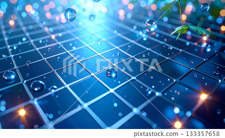 Blue grid, water droplets, and sprouting green leaves 133357658
