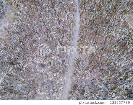 Aerial view of the road in the winter forest with high pine or spruce trees covered by snow. Driving in winter. Aerial view of the road in the winter forest with high pine or spruce trees covered by snow. Driving in winter. 133357789