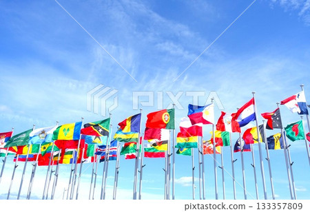 各國國旗在湛藍的天空中飄揚 133357809