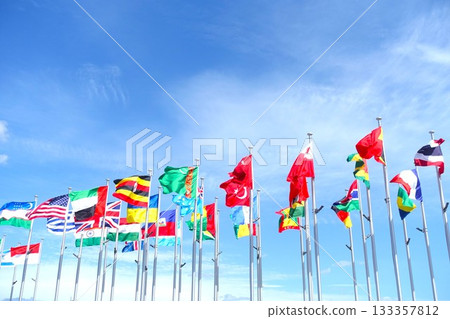 各國國旗在湛藍的天空中飄揚 133357812