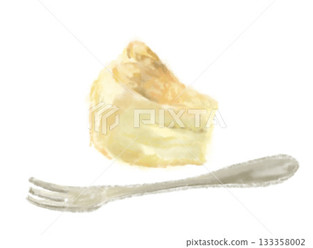 一幅描繪烤起司蛋糕和叉子的柔和插圖。 133358002