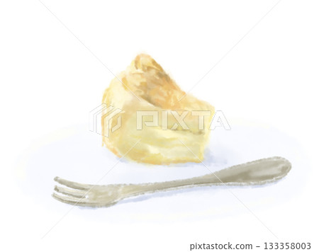 一幅描繪烤好的起司蛋糕放在盤子上，旁邊放著一把叉子的溫馨插圖。 133358003