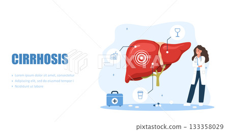 Cirrhosis concept. Physician reviewing liver function tests for cirrhosis, hepatitis, or malignant tumor detection. Vector illustration in flat cartoon style Cirrhosis concept. Physician reviewing liver function tests for cirrhosis, hepatitis, or malignant tumor detection. Vector illustration in flat cartoon style 133358029