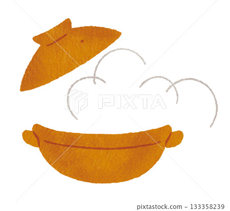 Illustration of a brown earthenware pot with an open lid (steam, hot pot cooking, Japanese food) 133358239