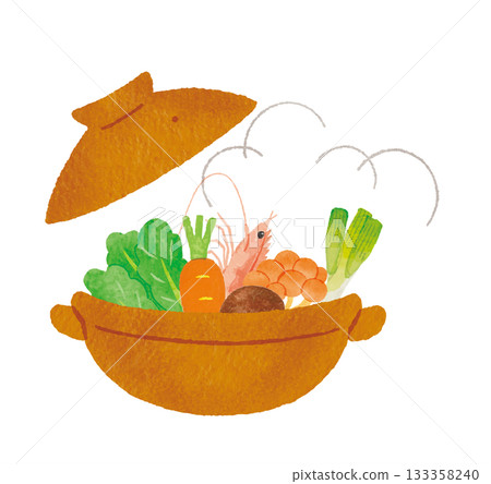 Illustration of a clay pot dish with plenty of ingredients (warm winter Japanese food) 133358240