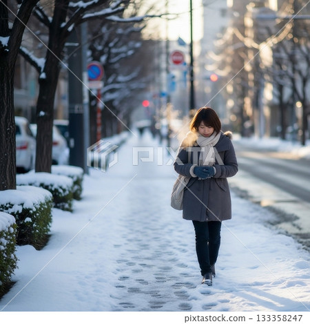 一位年輕的日本女子在冬季的雪路上行走 133358247