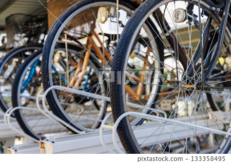 Bicycles parked in a multi-story bicycle parking lot 133358495