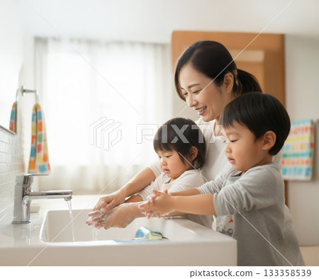 Mother and child practicing hygiene habits Mother and child practicing hygiene habits 133358539