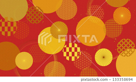 精美的日式壁紙,以紅色為底,飾有圓形圖案和日式雨傘。 精美的日式壁紙,以紅色為底,飾有圓形圖案和日式雨傘。 133358694