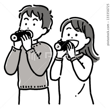 Monochrome illustration of a young couple eating Ehomaki (thick roll) sushi for Setsubun Monochrome illustration of a young couple eating Ehomaki (thick roll) sushi for Setsubun 133358725