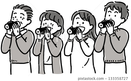 Monochrome illustration of four men and women eating Ehomaki (thick roll) sushi for Setsubun Monochrome illustration of four men and women eating Ehomaki (thick roll) sushi for Setsubun 133358727