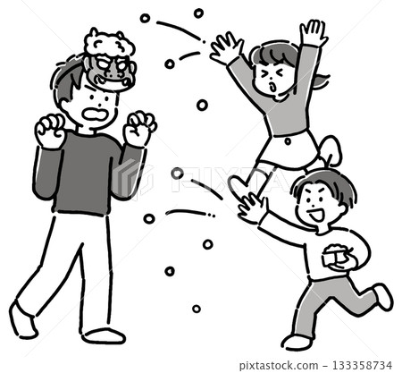 黑白插圖，描繪了一位年輕的父親、一個男孩和一個女孩在節分節路上撒豆子的場景。 133358734