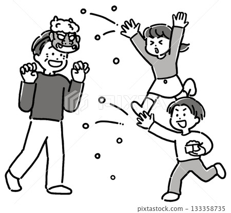 單色插圖，描繪了爺爺、男孩和女孩在節分節拋撒豆子的一家人。 133358735