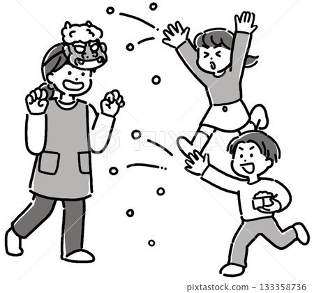 單色插圖,描繪了一位老師(幼兒園老師)、一個男孩和一個女孩在節分節上撒豆子。 單色插圖,描繪了一位老師(幼兒園老師)、一個男孩和一個女孩在節分節上撒豆子。 133358736