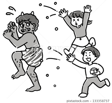 黑白插圖，描繪了一男一女向節分和逃跑的惡魔丟豆子。 133358737