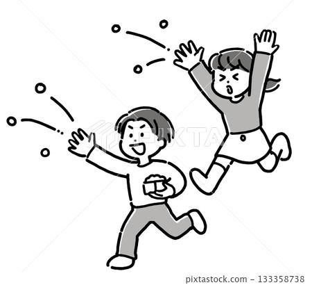 黑白插圖，描繪了一男一女在節分節上撒豆子的場景。 133358738