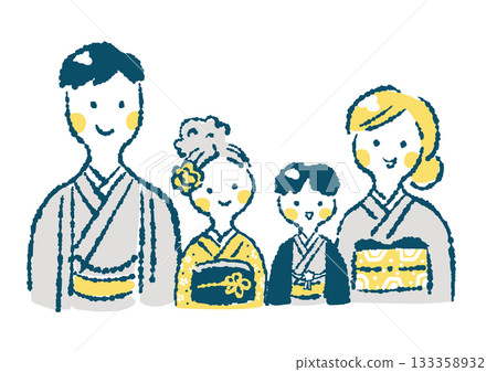 一家四口身著和服的插圖（新年、七五三節等） 133358932