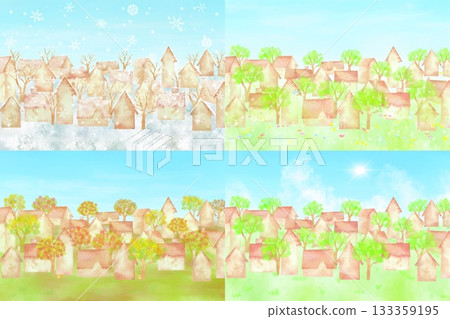 A set of four watercolor illustrations of cityscapes in spring, summer, autumn, and winter. A set of seasonal landscapes. 133359195