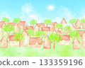 Watercolor illustration of a lush summer cityscape with blue sky and shining sun. 133359196