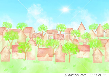 Watercolor illustration of a lush summer cityscape with blue sky and shining sun. 133359196