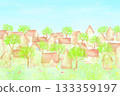 Watercolor illustration of a lush spring cityscape with blooming flowers. New life background. 133359197