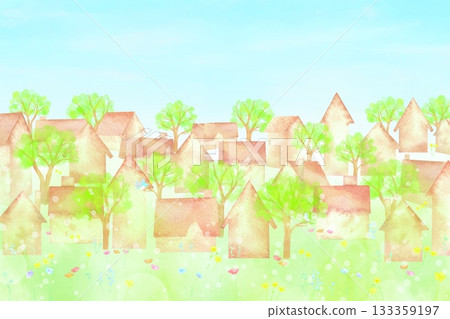 Watercolor illustration of a lush spring cityscape with blooming flowers. New life background. 133359197