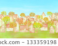 A watercolor illustration of an autumn cityscape decorated with red and yellow leaves. 133359198