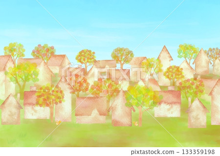 A watercolor illustration of an autumn cityscape decorated with red and yellow leaves. 133359198
