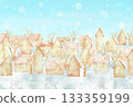 Watercolor illustration of a quiet winter cityscape with falling snowflakes. Christmas background. 133359199