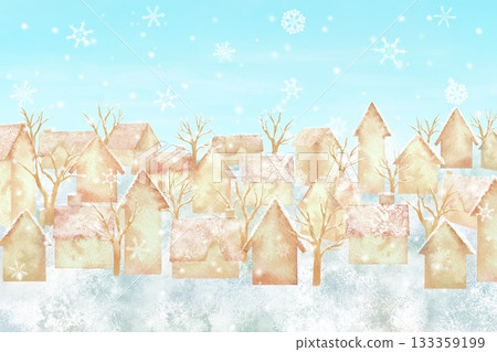Watercolor illustration of a quiet winter cityscape with falling snowflakes. Christmas background. 133359199