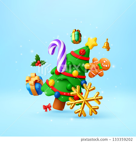 3d Christmas tree and festive decor objects 3d Christmas tree and festive decor objects 133359202
