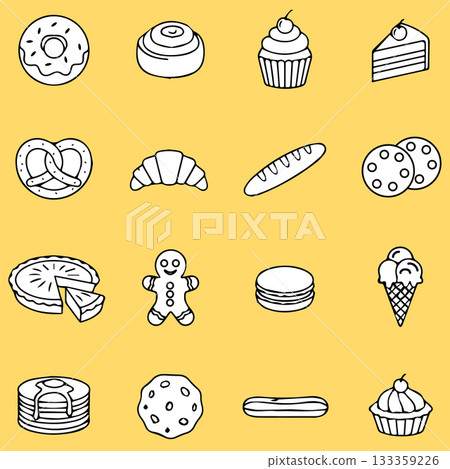 Simple Black and White Bakery and Dessert Icons on Yellow Background 133359226