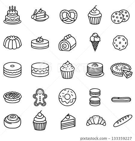 This is a black and white line art collection featuring 25 different icons of common desserts and baked goods. The set includes various cakes, cookies, pastries, bread, and ice cream, making it a vers 133359227