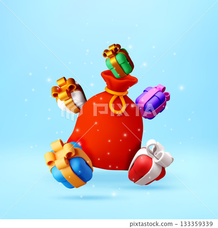 3d Red santa sack with colorful gift box 3d Red santa sack with colorful gift box 133359339