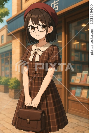 一位古典風格的女孩在書店前微笑 133359400